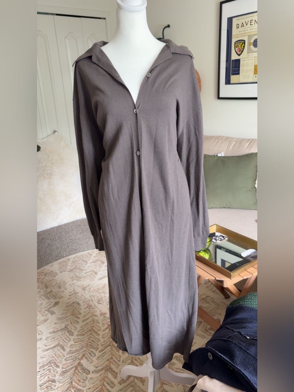 Double way Button-Front Long Shirt Dress in Taupe